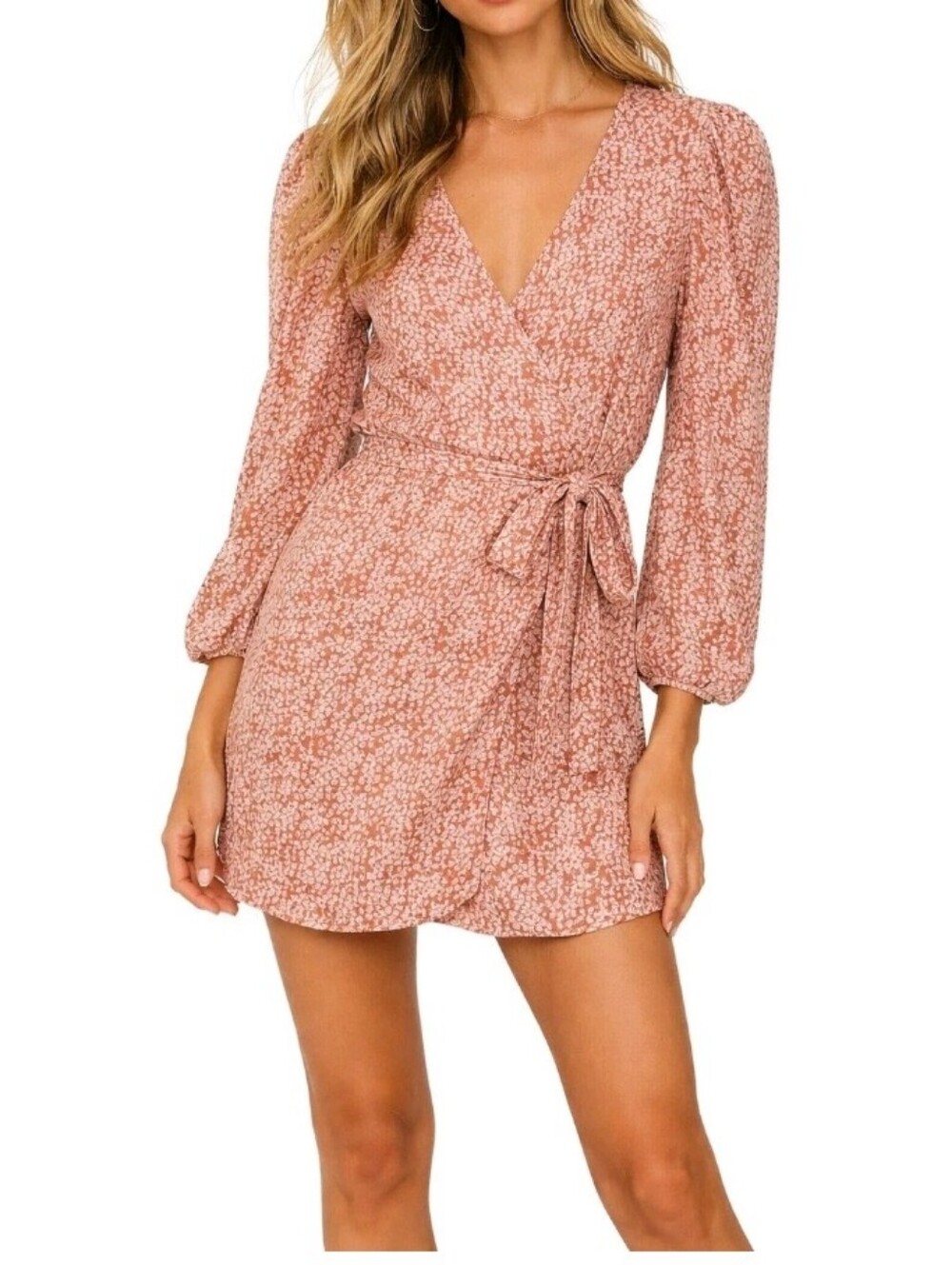 FREE PEOPLE Kinsley Wrap Dress Sz 0 Grapefruit Fizz Floral Ruched Puff Sleeve